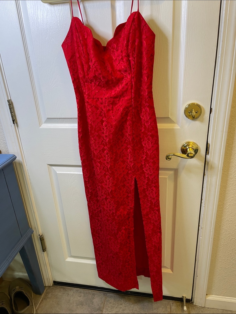 LA GLO Red Lace Maxi Dress with  a 25” Side Slit - Sleeveless Spaghetti Straps